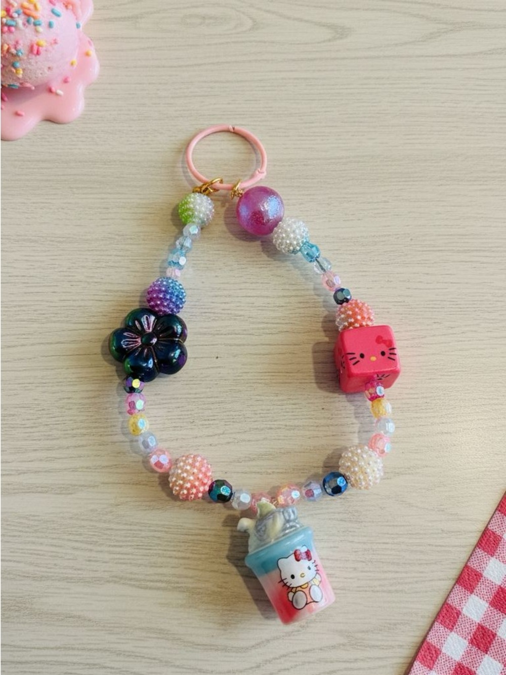 Hello Kitty Multicolor Beaded Phone Charm with Drink Pendant